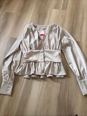 Jason Wu Light Beige Peplum V-Neck Long Sleeve Blouse